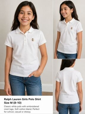 Ralph Lauren Girls Polo Shirt Size M White Crest Logo Cotton Short Sleeve